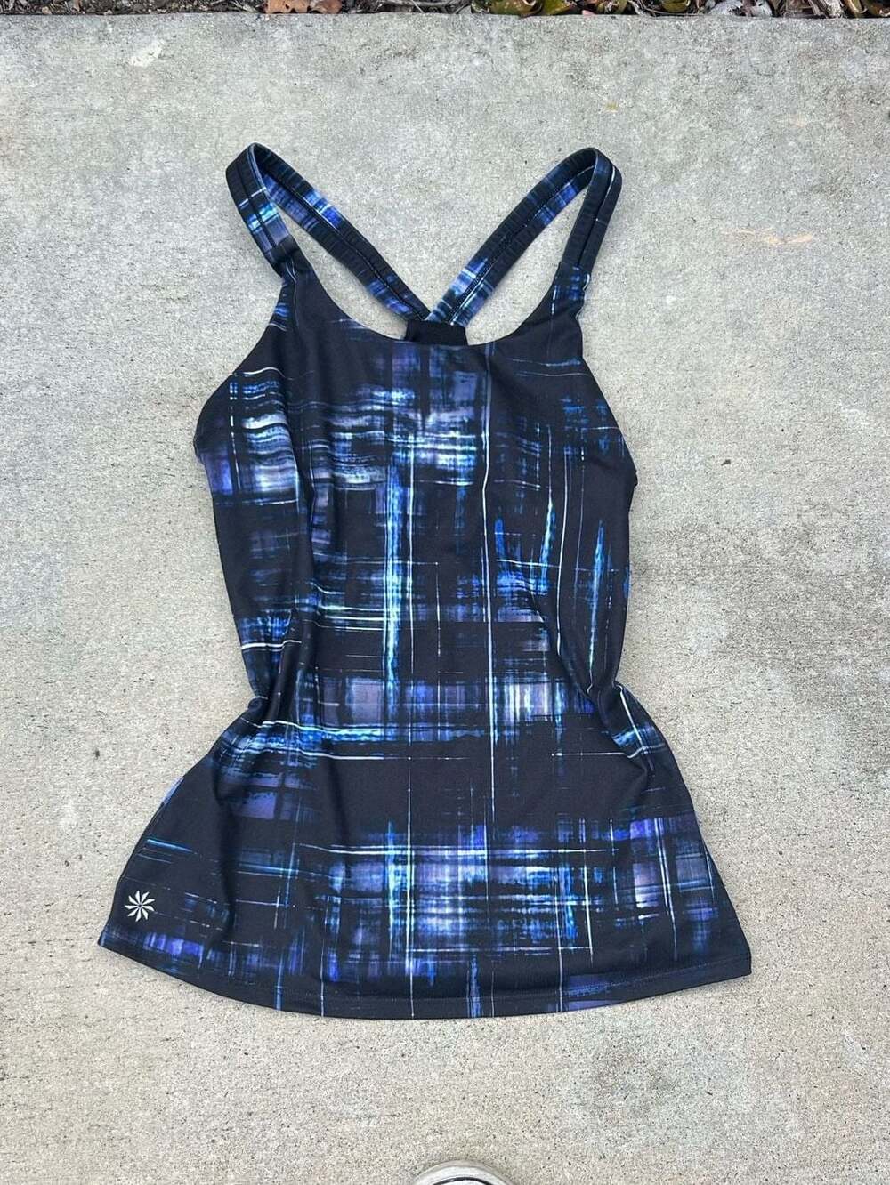 Athleta Plaid Optimism Tank Workout Top Blue Black Cross Back Size XS